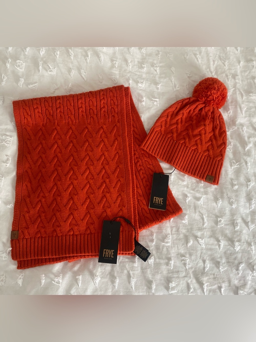 FRYE Orange Cable Knit Hat & Scarf Set